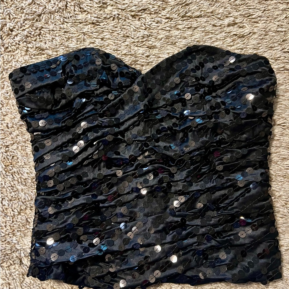 Beautiful Bebe Silk Black Sequin ruched strapless top, faux wrap look